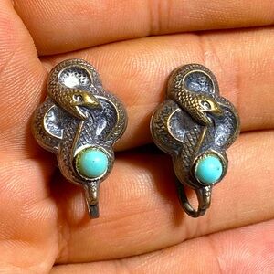 Vintage Art Deco Era Repousse Snake Asp Screw Back Earrings Brass